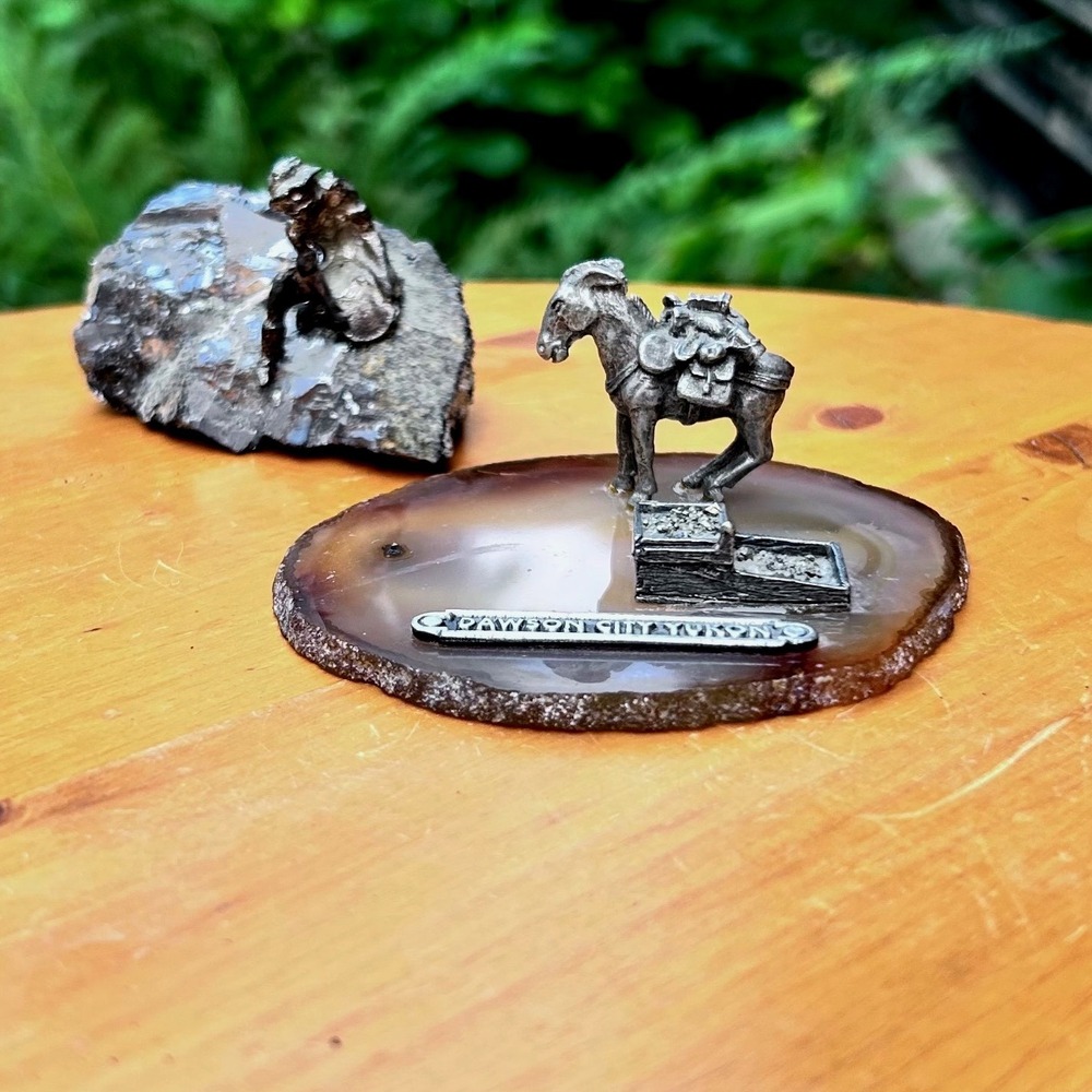 Vintage Dawson City Yukon Pack Mule Agate & Miner Pyrite Pewter Figurine Set